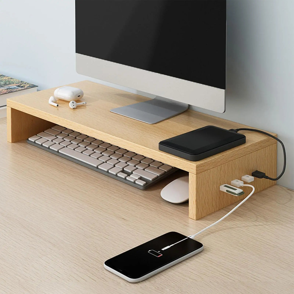 Stando Bracken Recessed Solid Wood Desk Riser on a minimalist home office desk